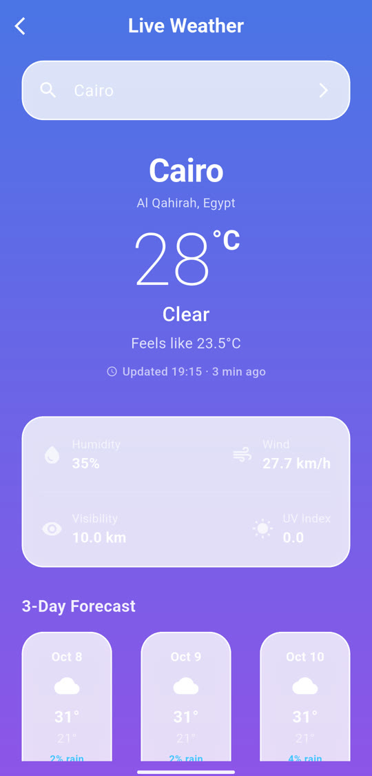 SkyTrackr weather screen showing Cairo at 28°C, clear, updated 3 minutes ago, with a 3-day forecast